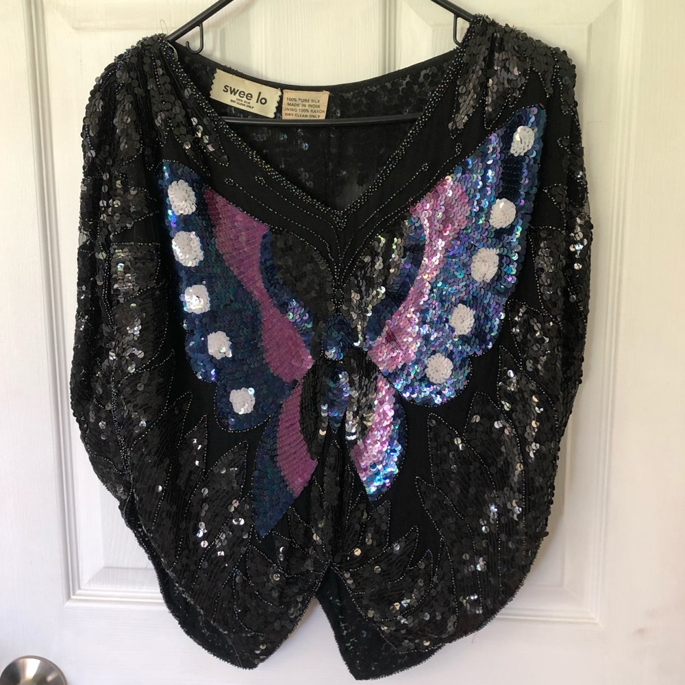 Swee Lo Vintage Butterfly Sequin Top